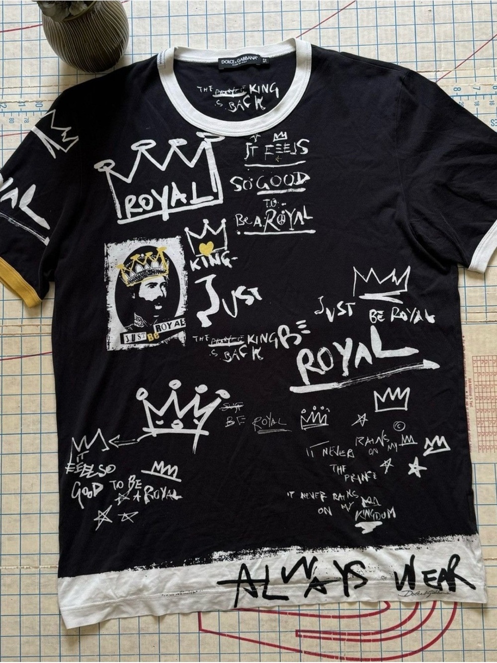 Dolce & Gabbana Black Graphic Short Sleeve Tee with White and Gold Accents